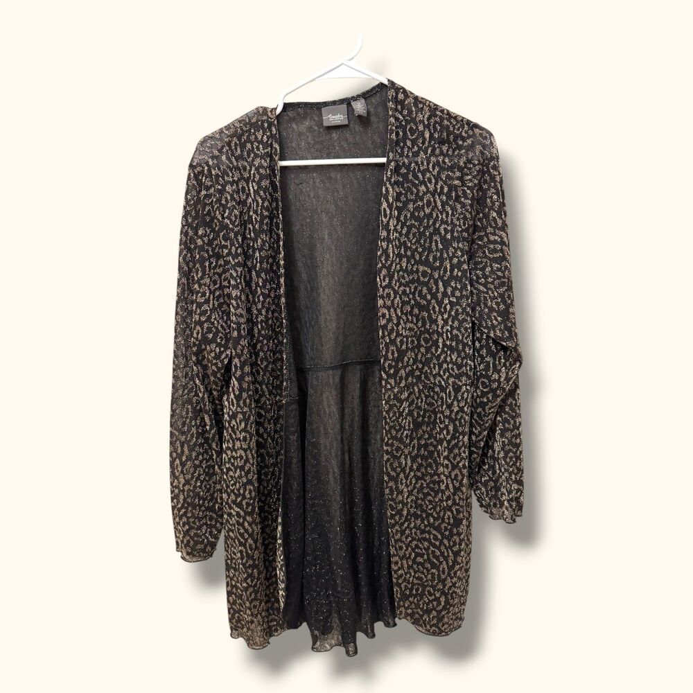 Chicos Travelers Cardigan Womens 2 Black Gold Leopard Metallic Open Front Sheer
